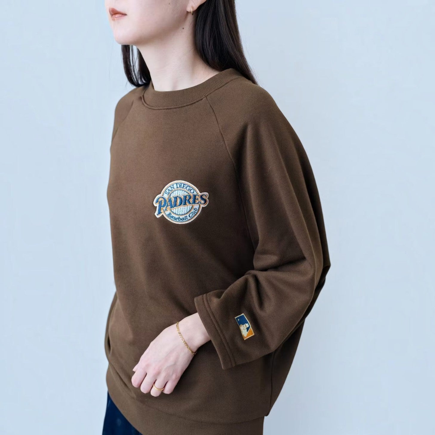 hibino brown San Diego Padres Cooperstown Collection sweatshirt with three-quarter sleeves and embroidered logos