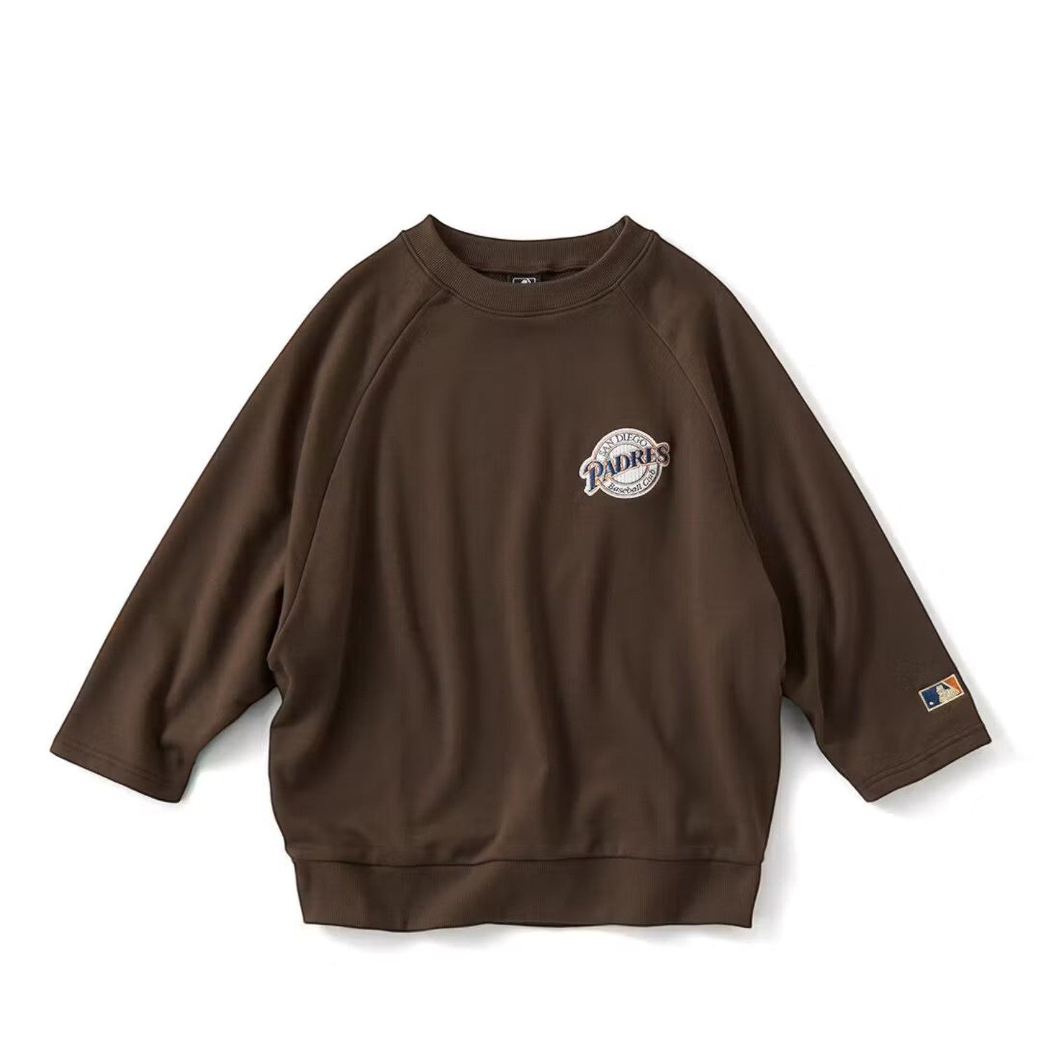 hibino brown San Diego Padres Cooperstown Collection sweatshirt with three-quarter sleeves and vintage chest logo