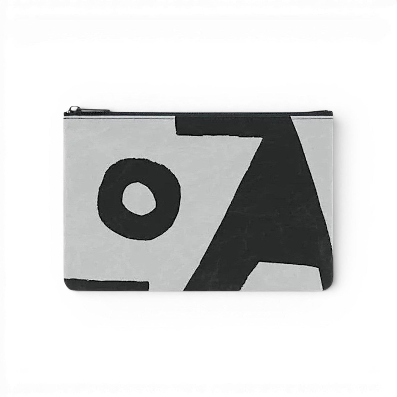 hibino SIWA grey Hard Naoron pouch with unique black abstract Samiro Yunoki print and YKK zipper closure