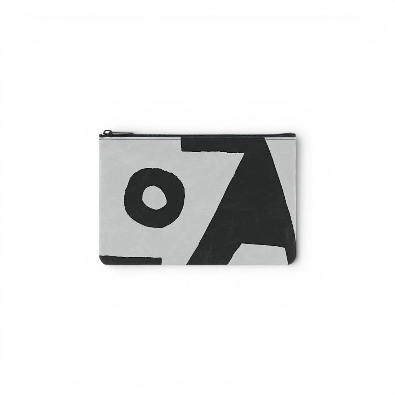 hibino SIWA grey Hard Naoron paper pouch with a unique Samiro Yunoki abstract black print and YKK zipper closure.