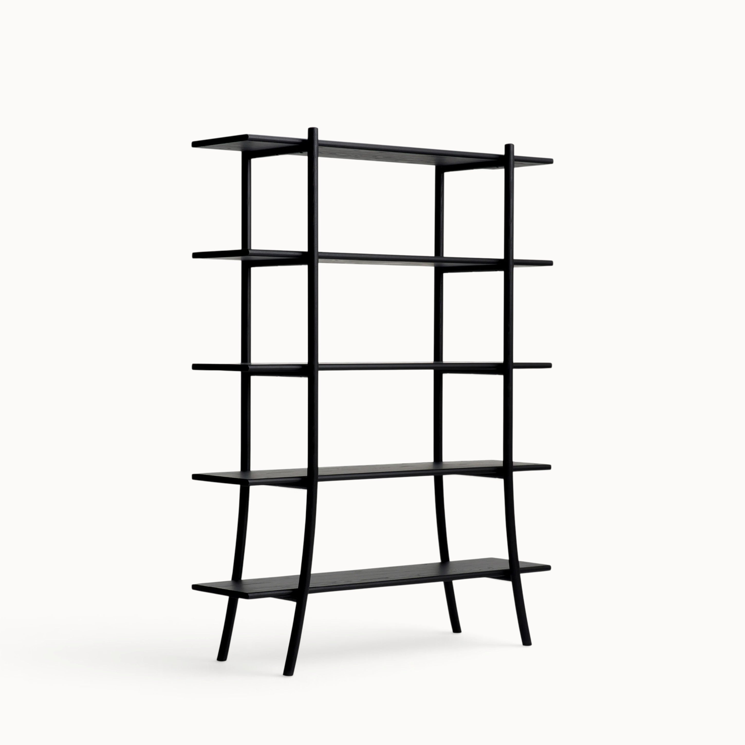 hibino Skyladder Shelves by Ariake featuring a minimalist black wooden design with curved ladder-like legs.