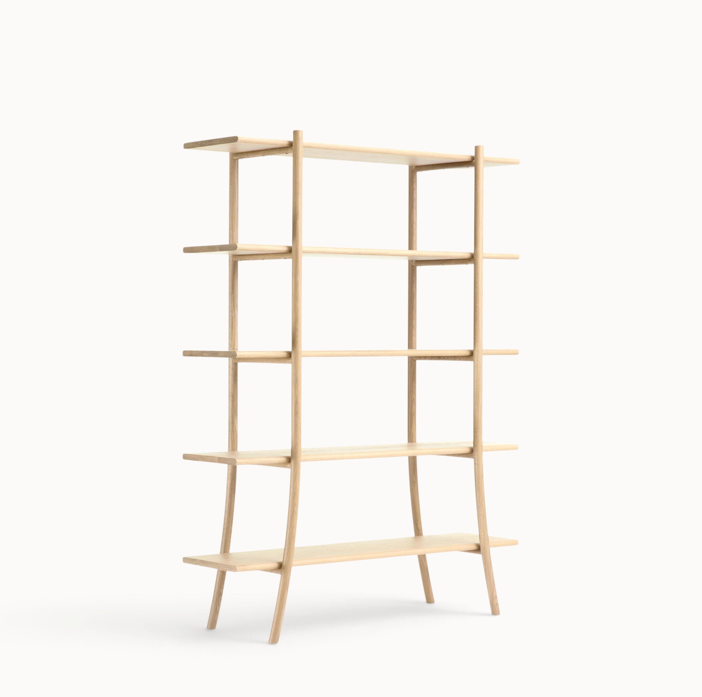 hibino Skyladder wooden bookshelf with five shelves and curved legs inspired by a rope ladder on a white background