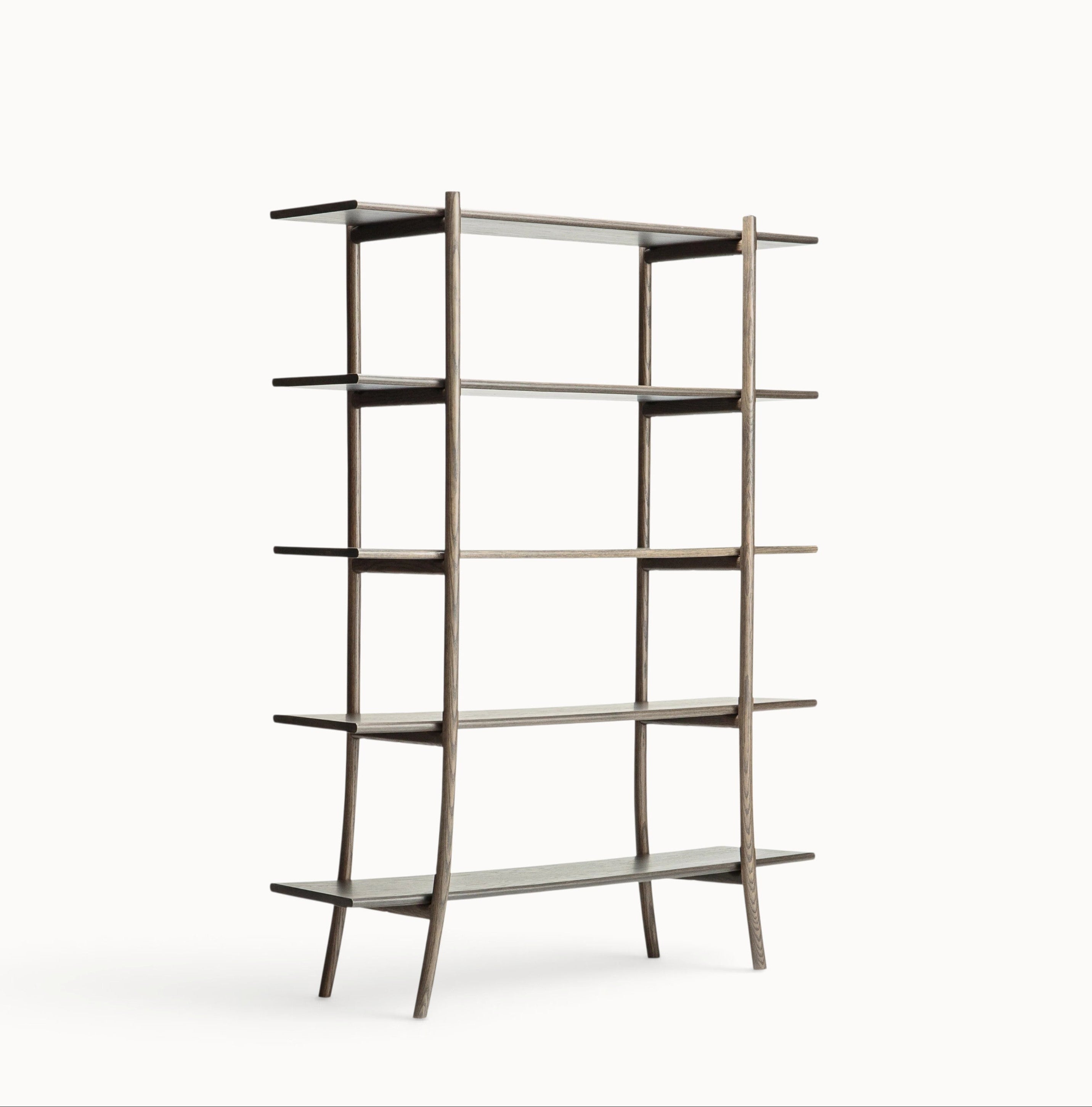 hibino Skyladder five-tier wooden bookshelf with curved legs and a minimalist, ladder-inspired design
