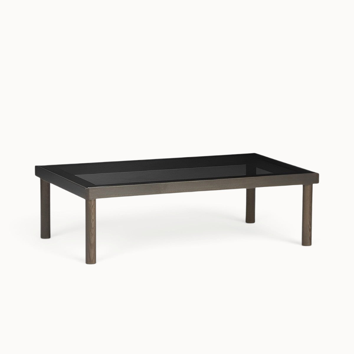 hibino Taruki coffee table with a dark wooden frame and a smoked glass top, inspired by Japanese joinery design.