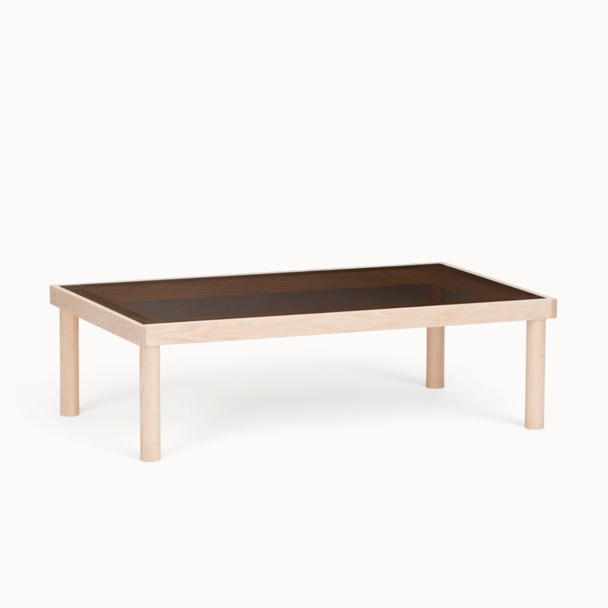 hibino Taruki coffee table with light wood frame and smoked glass top featuring traditional Japanese joinery